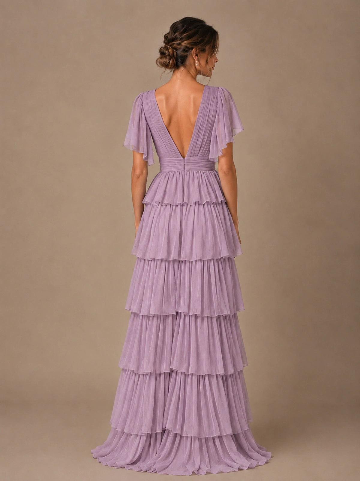 Chiffon V-Neck Tiered Ruffle Bridesmaid Dress with Slit