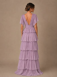 Chiffon V-Neck Tiered Ruffle Bridesmaid Dress with Slit