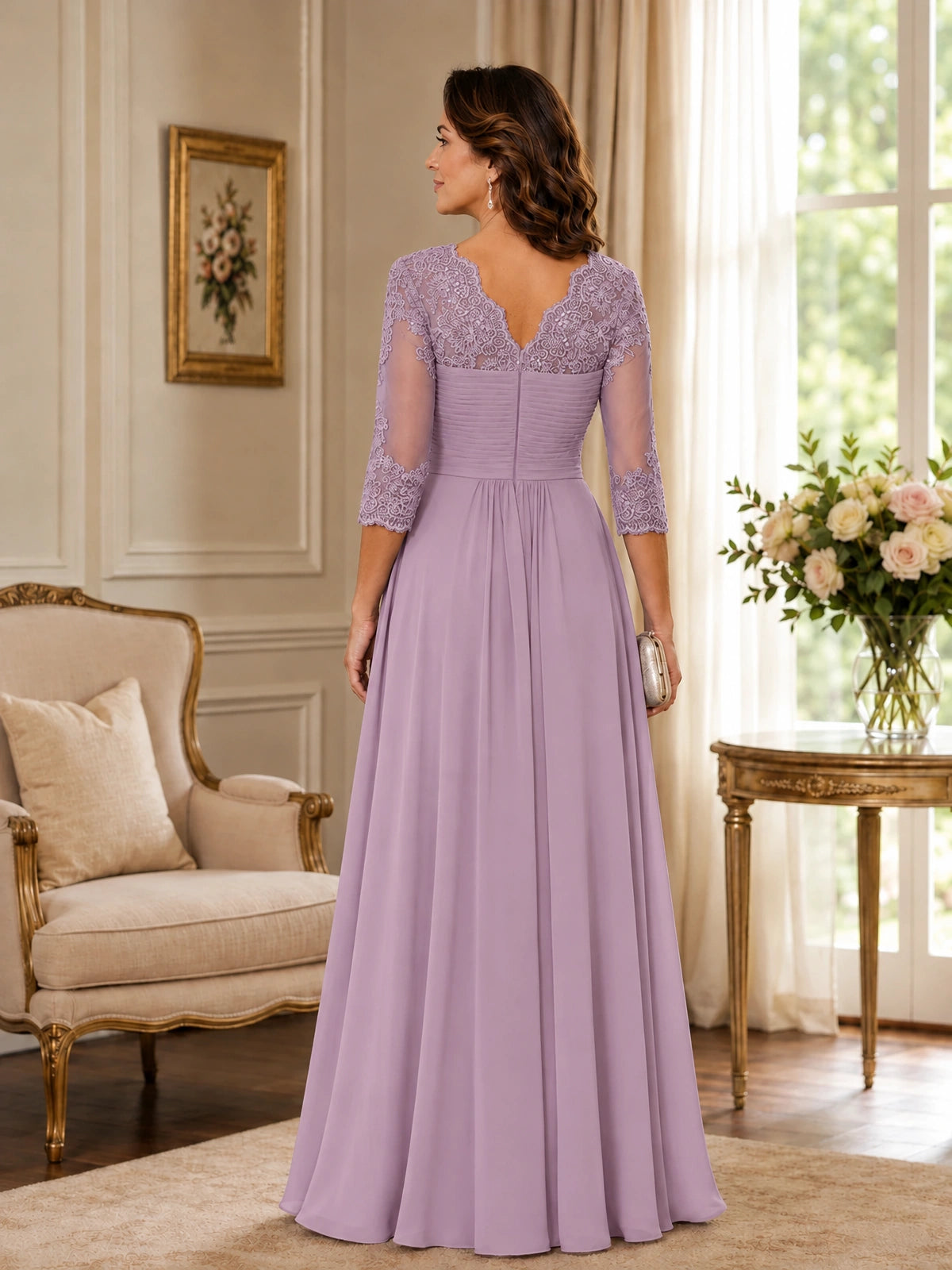 Chiffon Lace Applique Mother of the Bride Dress with 3/4 Sleeves