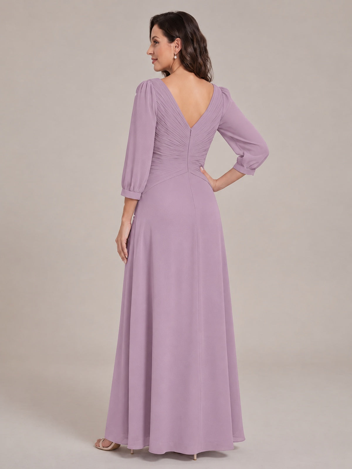 V-Neck Pleated Chiffon Mother of the Bride Dress with Flutter Sleeves