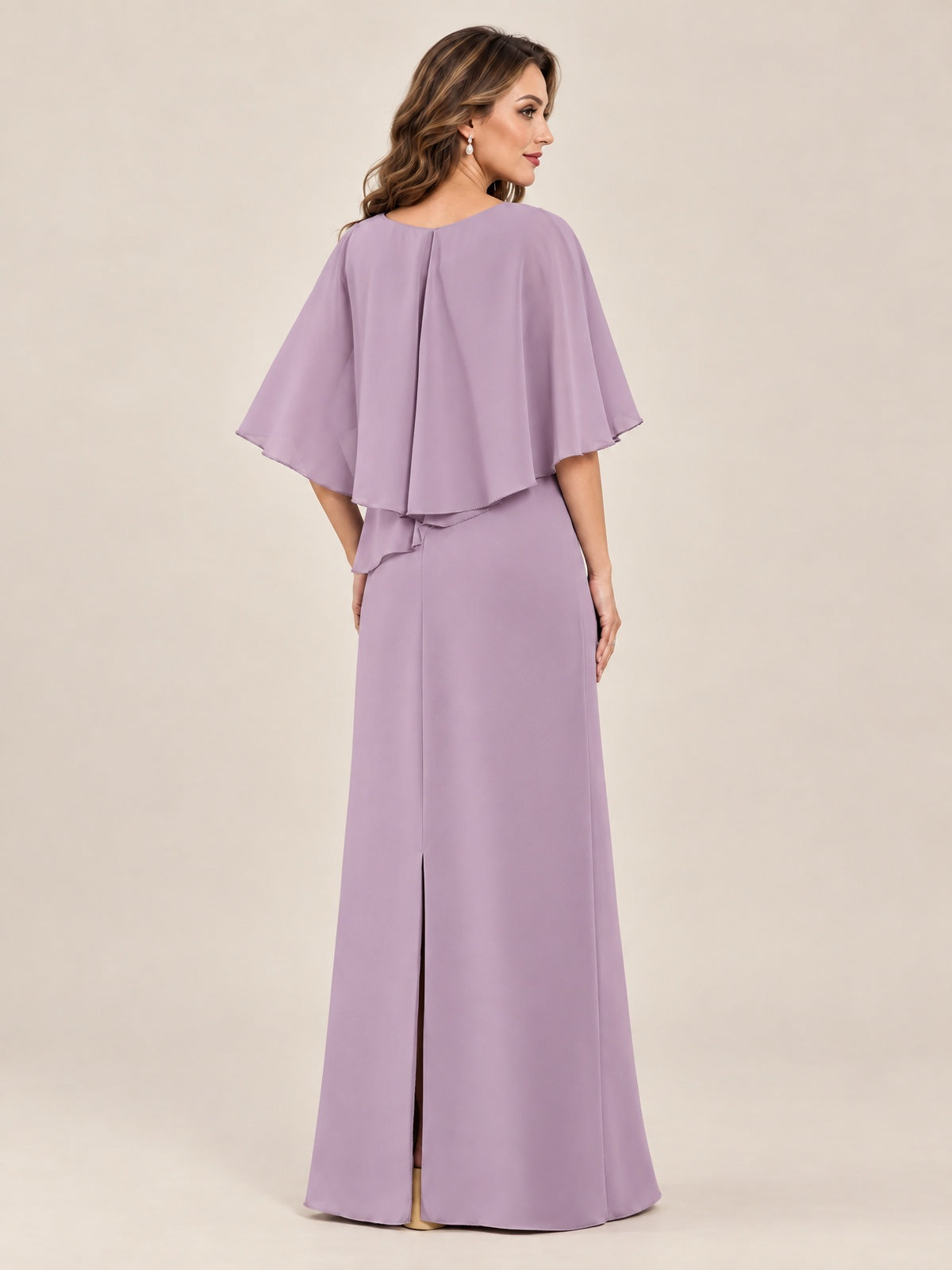 Cape Sleeve Mother of the Bride Dress with Asymmetrical Overlay