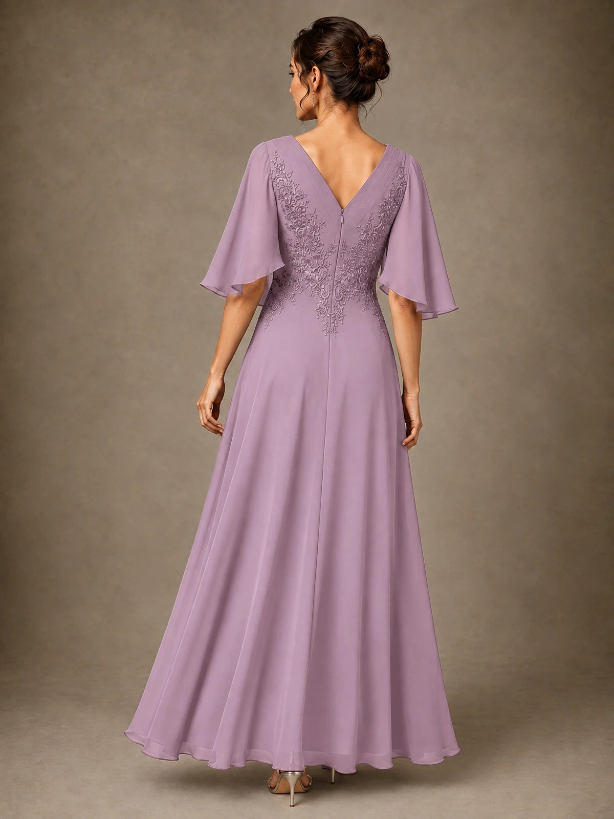 V-Neck Chiffon Lace Mother of the Bride Dress with Flutter Sleeves