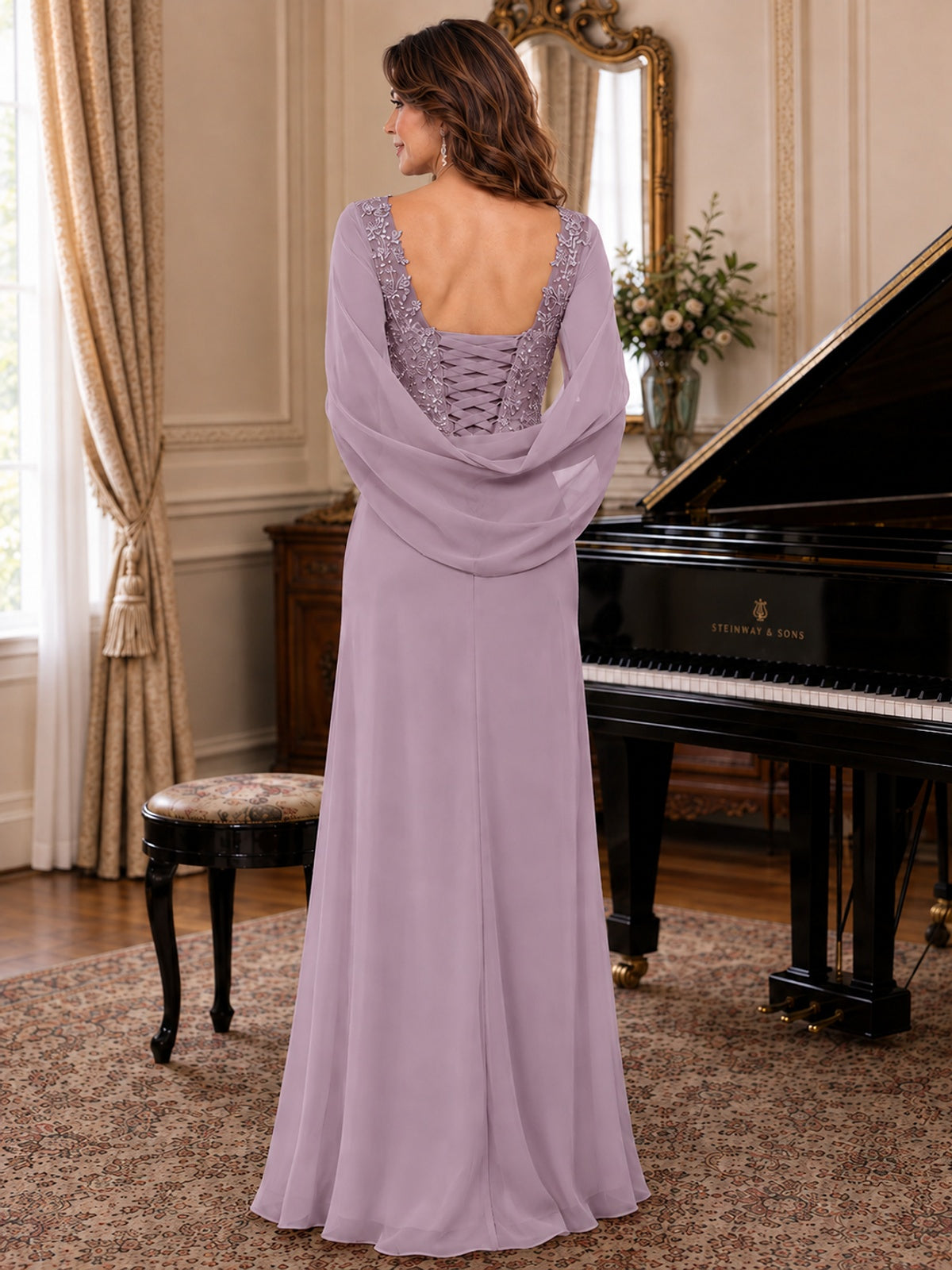 Elegant Applique Chiffon Mother of the Bride Dress with Cape Sleeves