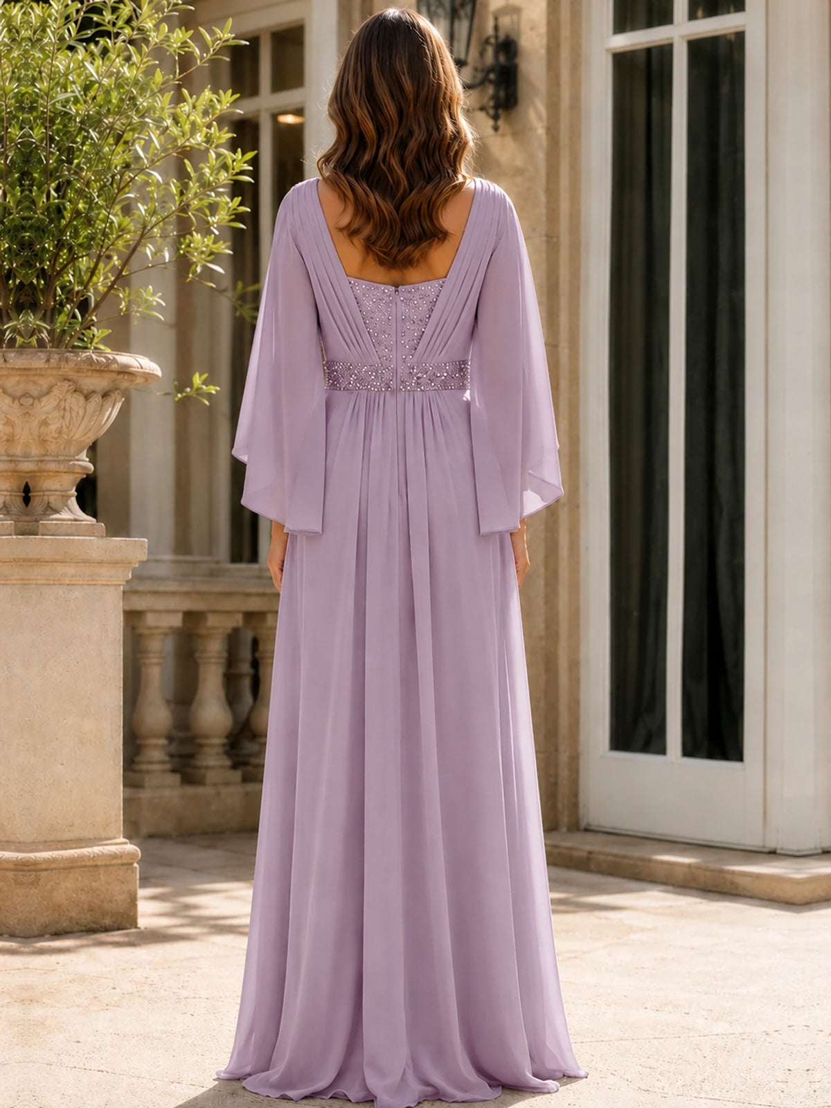 Elegant V-Neck Sequined Chiffon Mother of the Bride Dress with Flutter Sleeves