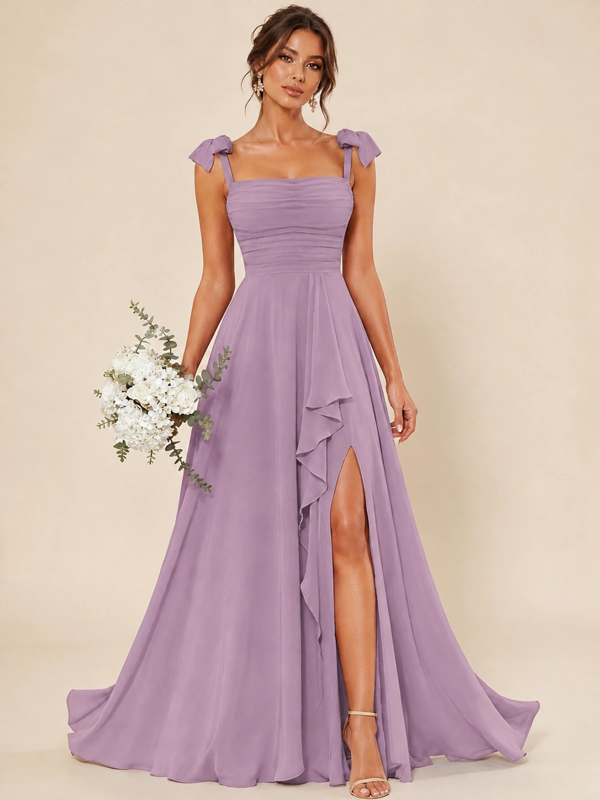 Ruffle Slit Chiffon A Line Scoop Neck Bridesmaid Dresses with Pockets