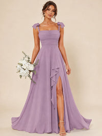 Ruffle Slit Chiffon A Line Scoop Neck Bridesmaid Dresses with Pockets