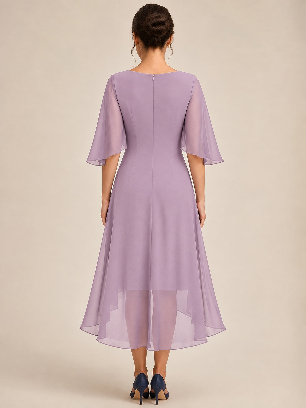 Cowl Neck Ruched Chiffon Mother of the Bride Dresses with Flutter Sleeves