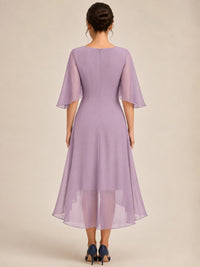 Cowl Neck Ruched Chiffon Mother of the Bride Dresses with Flutter Sleeves