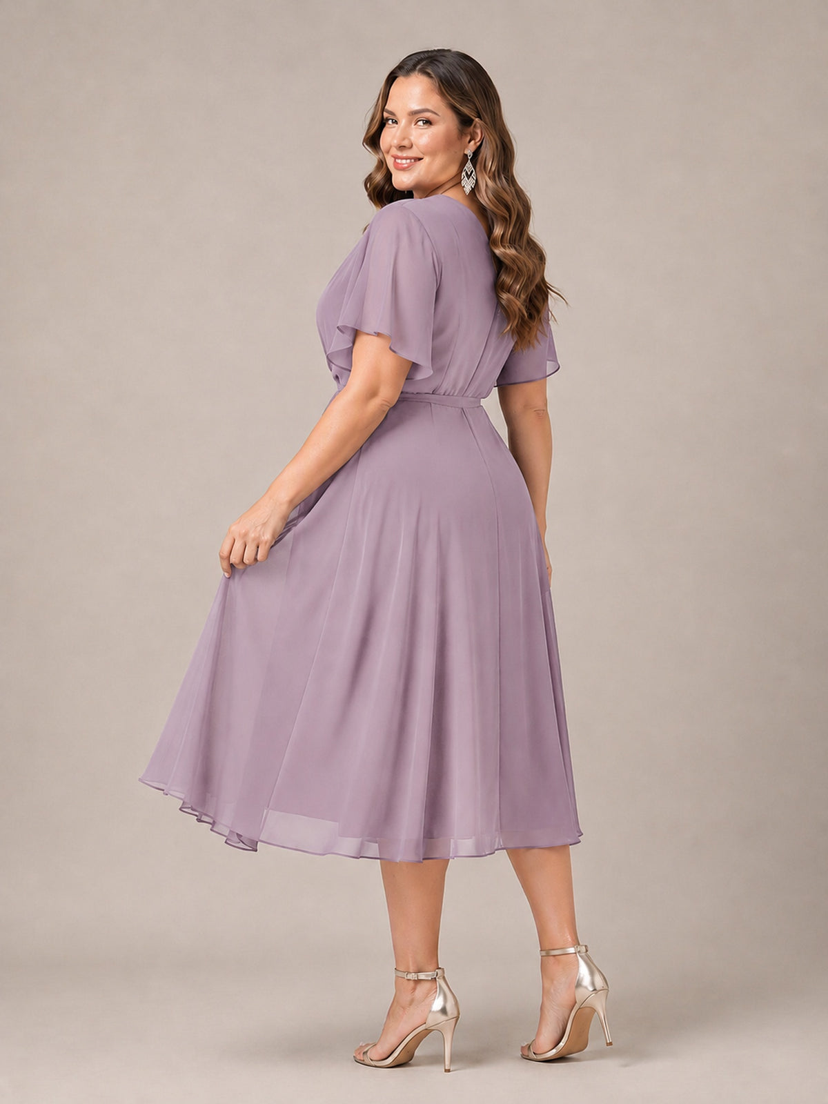 Navy Blue A-Line V-Neck Tea-Length Mother of the Bride Dress