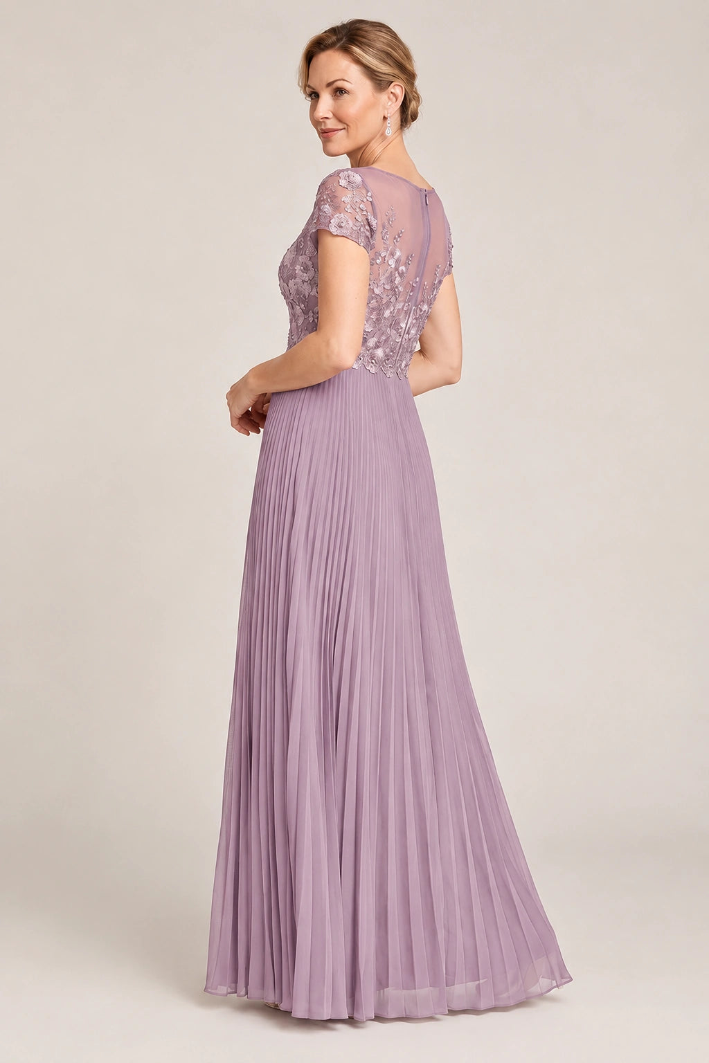 Embroidered Lace Pleated Mother of the Bride Dress