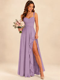Spaghetti Straps Pleated Chiffon Bridesmaid Dress with Ruffle Slit