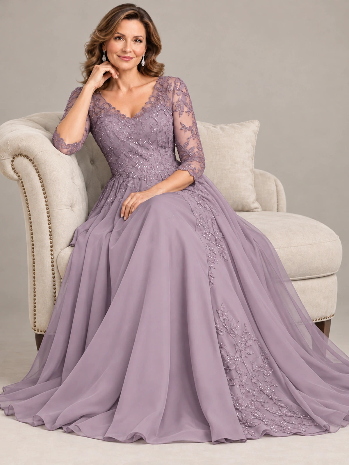 Sequin Lace A-Line Mother of the Bride Dress with 3/4 Sleeves