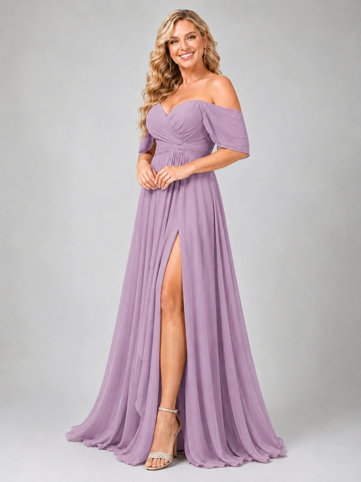 Off Shoulder Chiffon Bridesmaid Dress with Slit