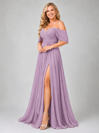 Off Shoulder Chiffon Bridesmaid Dress with Slit