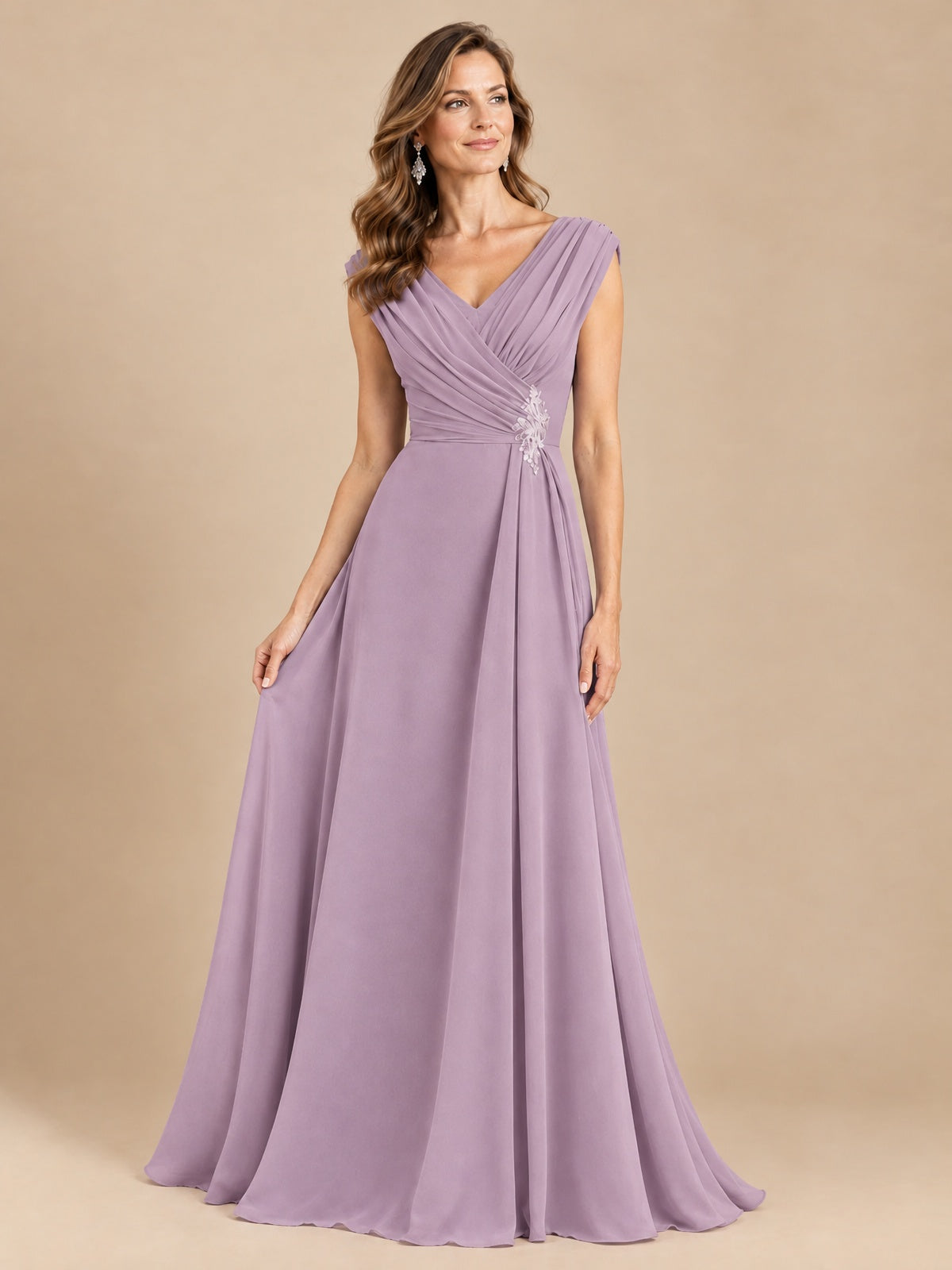 V Neck Pleated Mother of The Bride Dresses with Beading Cap Sleeves
