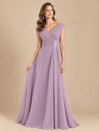 V Neck Pleated Mother of The Bride Dresses with Beading Cap Sleeves