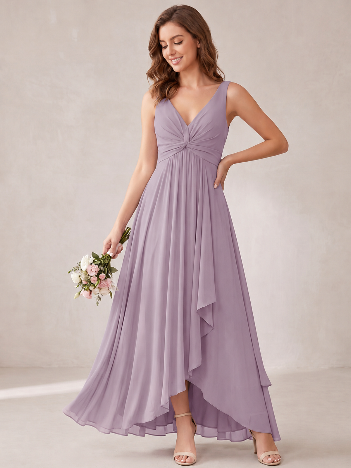 V-Neck High-Low Chiffon Bridesmaid Dress with Ruffles