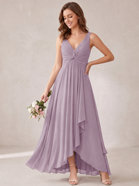 V-Neck High-Low Chiffon Bridesmaid Dress with Ruffles