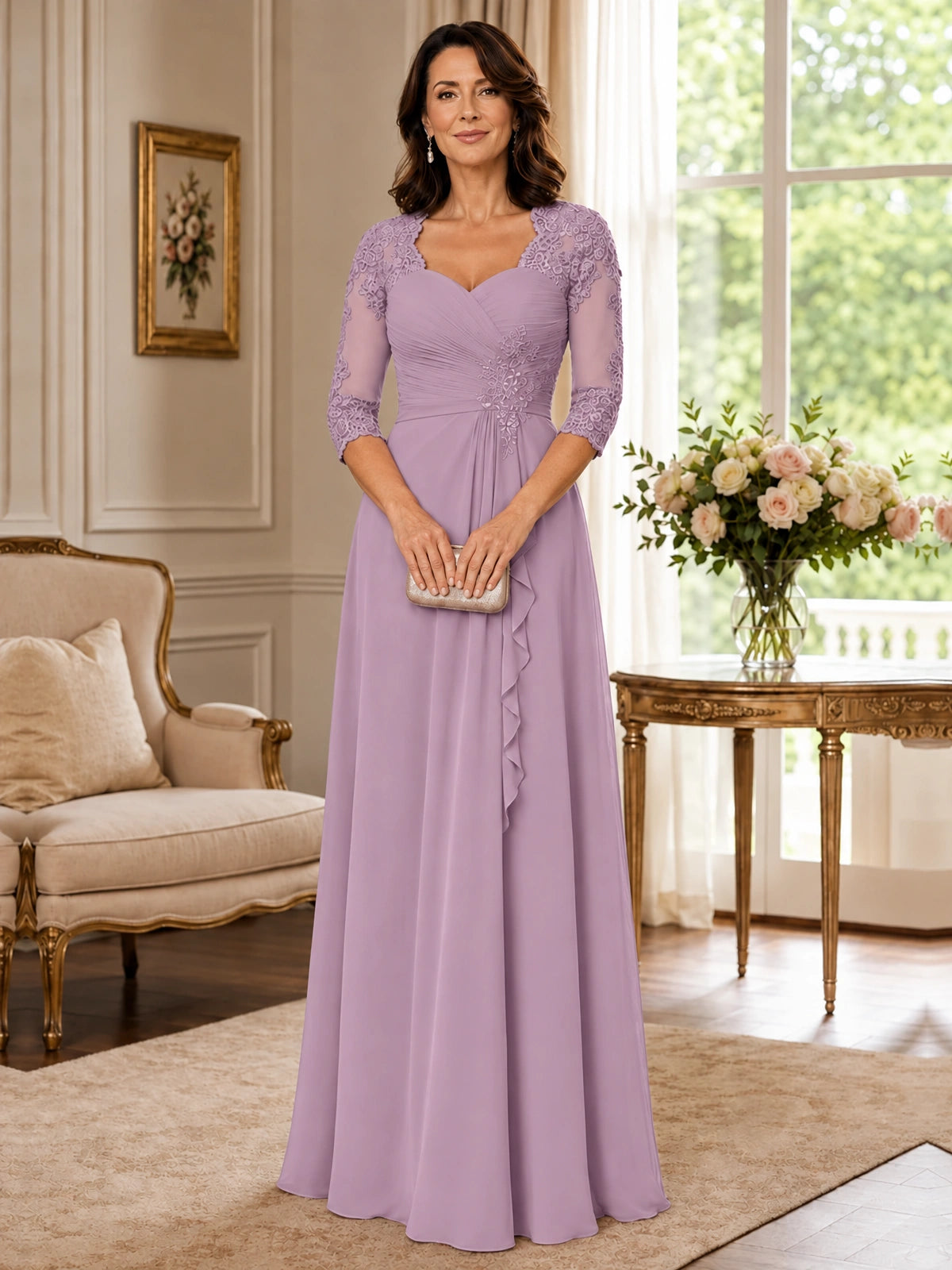 Chiffon Lace Applique Mother of the Bride Dress with 3/4 Sleeves