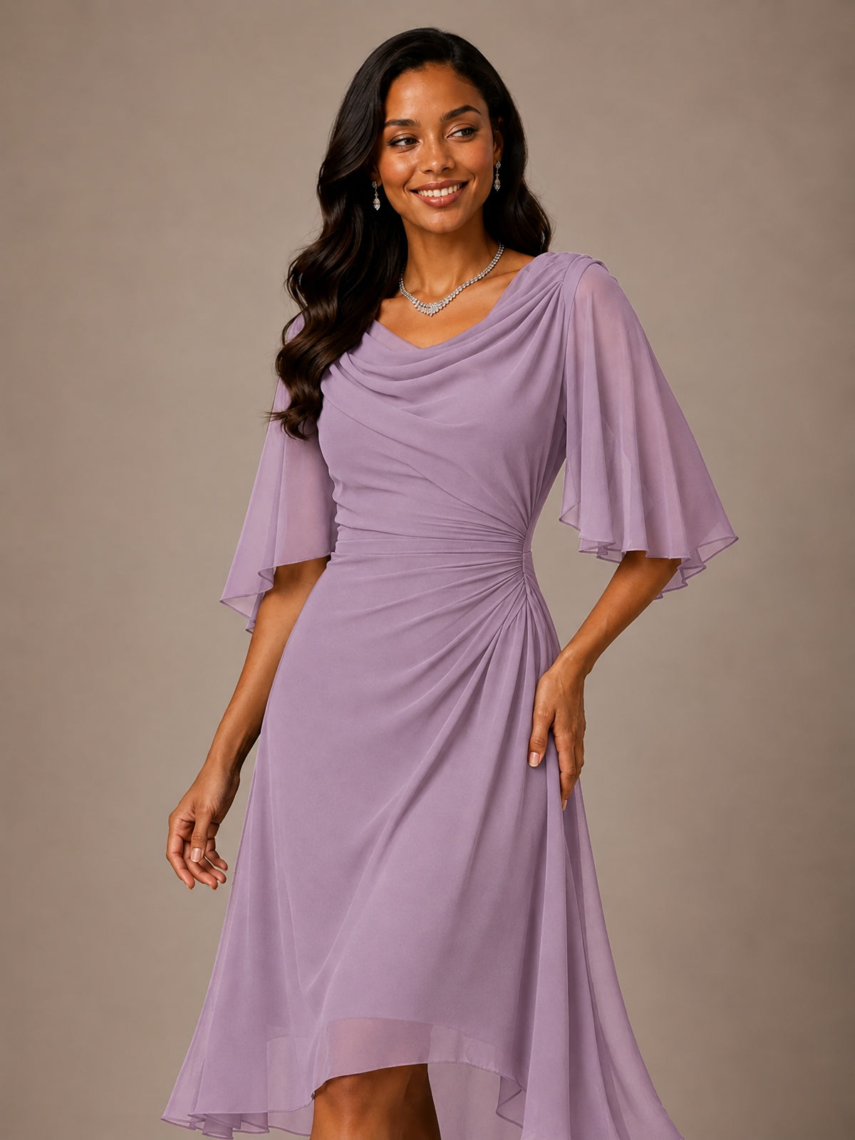 Cowl Neck Ruched Chiffon Mother of the Bride Dresses with Flutter Sleeves