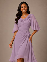 Cowl Neck Ruched Chiffon Mother of the Bride Dresses with Flutter Sleeves