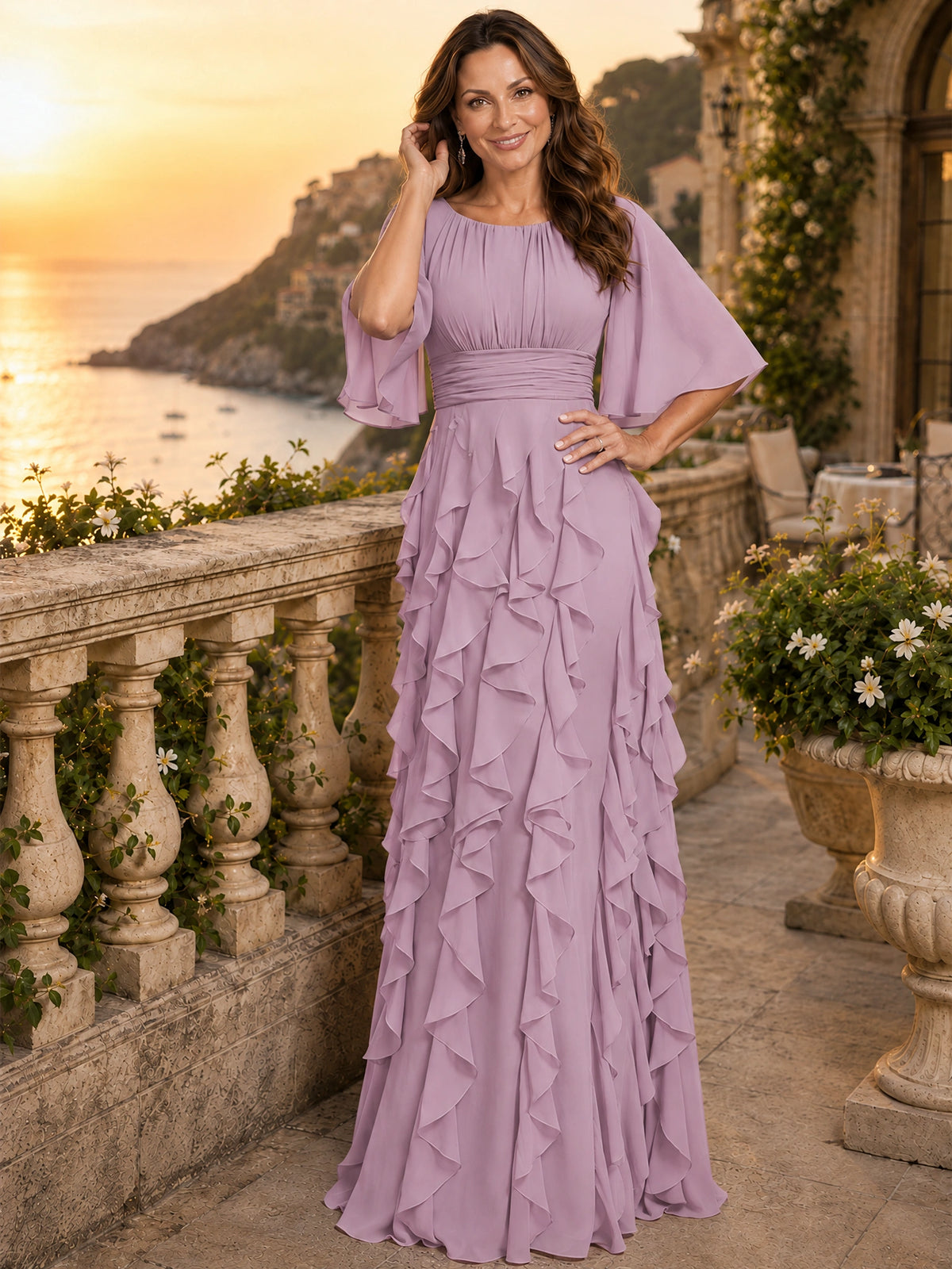 Elegant Chiffon Mother of the Bride Dress with Flutter Sleeves and Ruffle Skirt