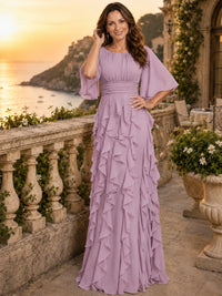 Elegant Chiffon Mother of the Bride Dress with Flutter Sleeves and Ruffle Skirt