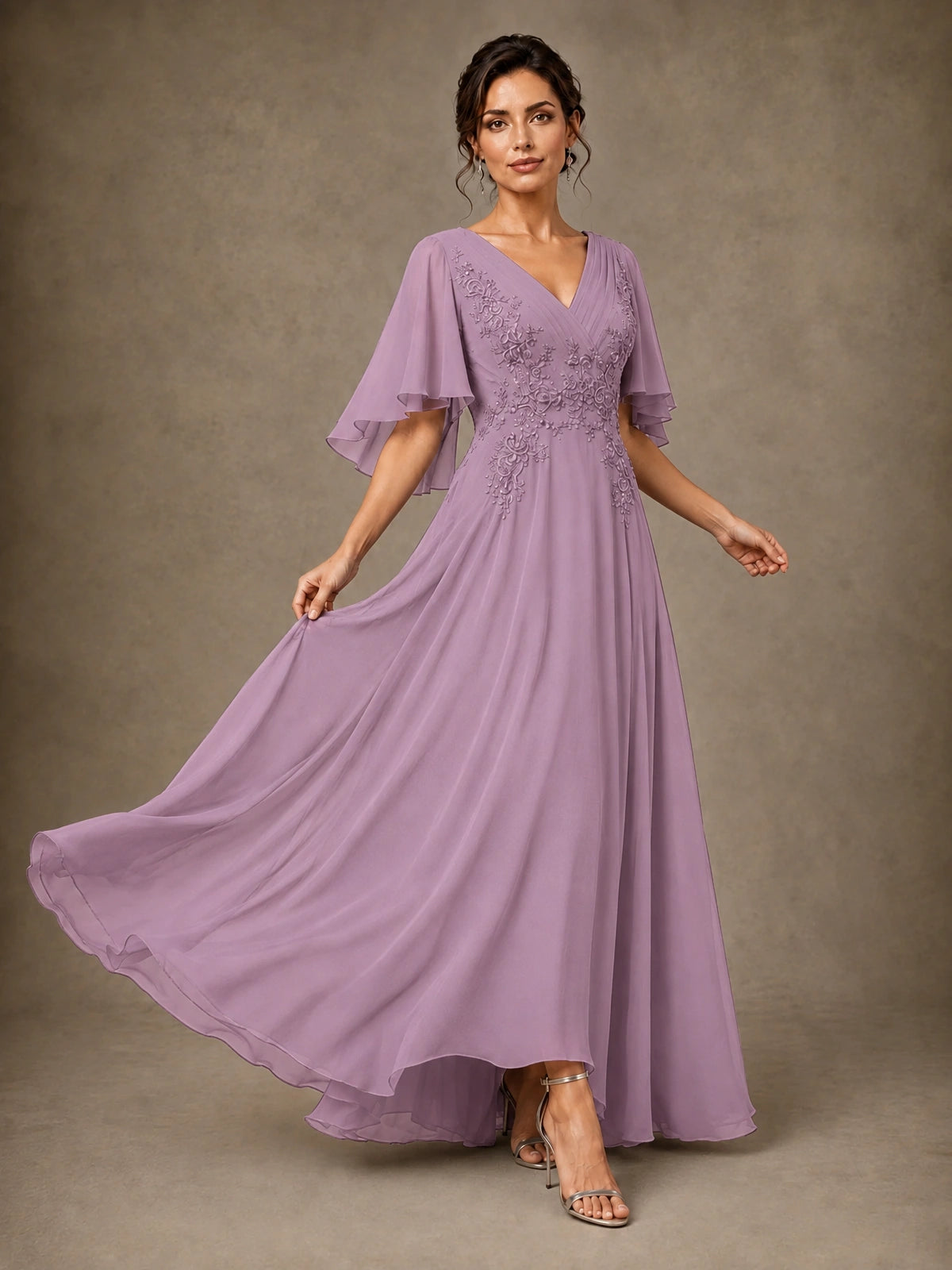 V-Neck Chiffon Lace Mother of the Bride Dress with Flutter Sleeves