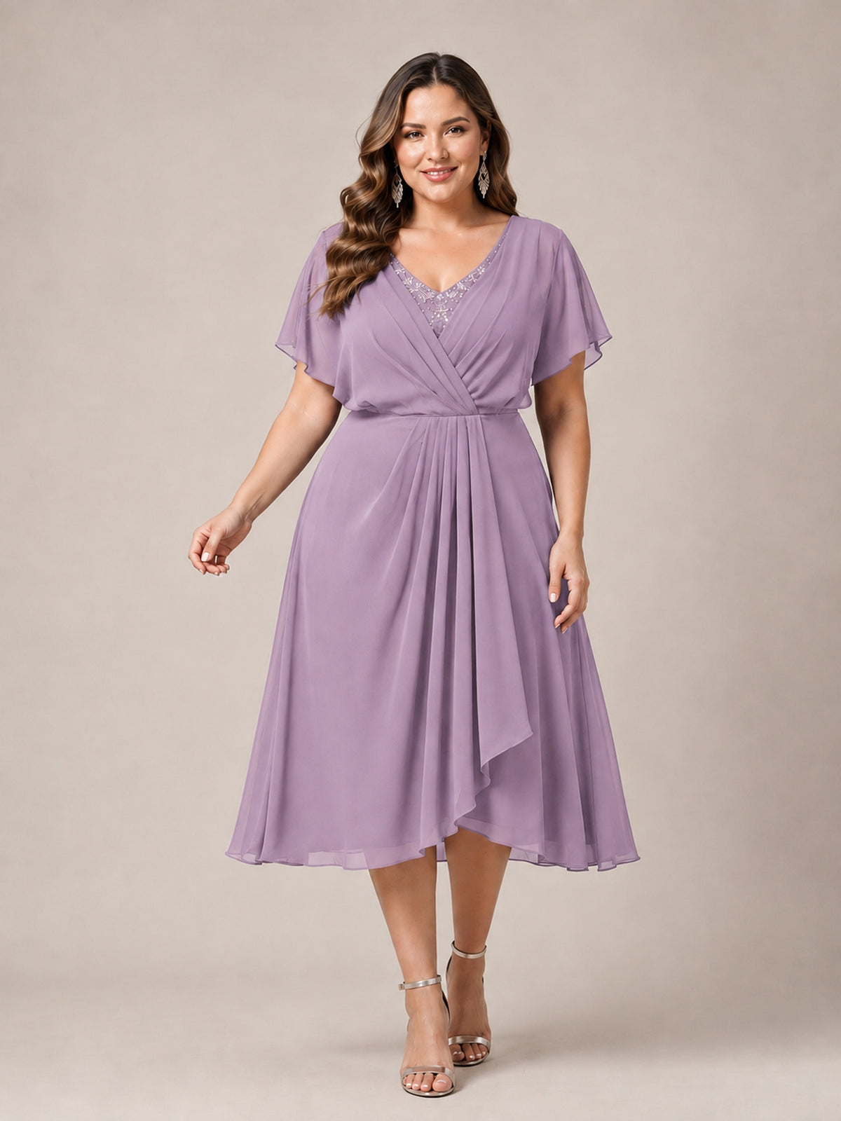 Navy Blue A-Line V-Neck Tea-Length Mother of the Bride Dress