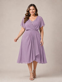 Navy Blue A-Line V-Neck Tea-Length Mother of the Bride Dress