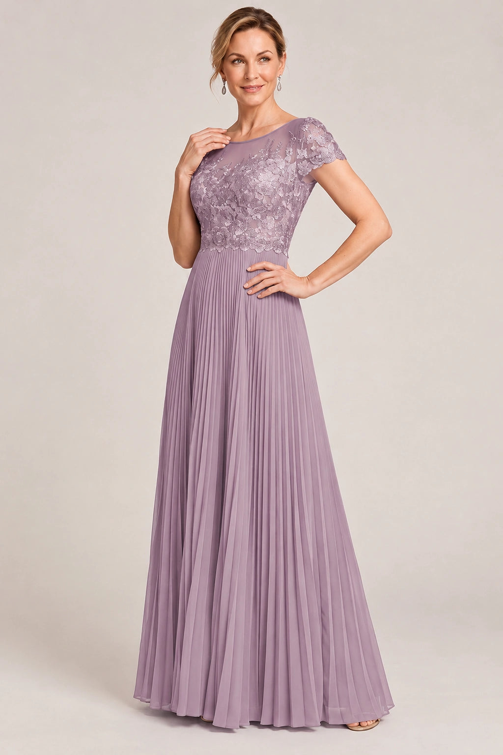 Embroidered Lace Pleated Mother of the Bride Dress