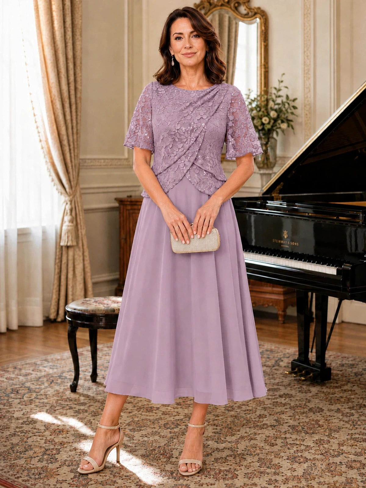 Tea-Length Chiffon Mother of the Bride Dress with Sequin Lace Sleeves
