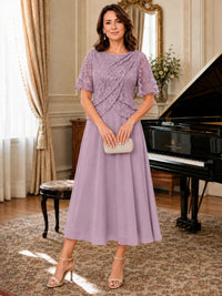 Tea-Length Chiffon Mother of the Bride Dress with Sequin Lace Sleeves