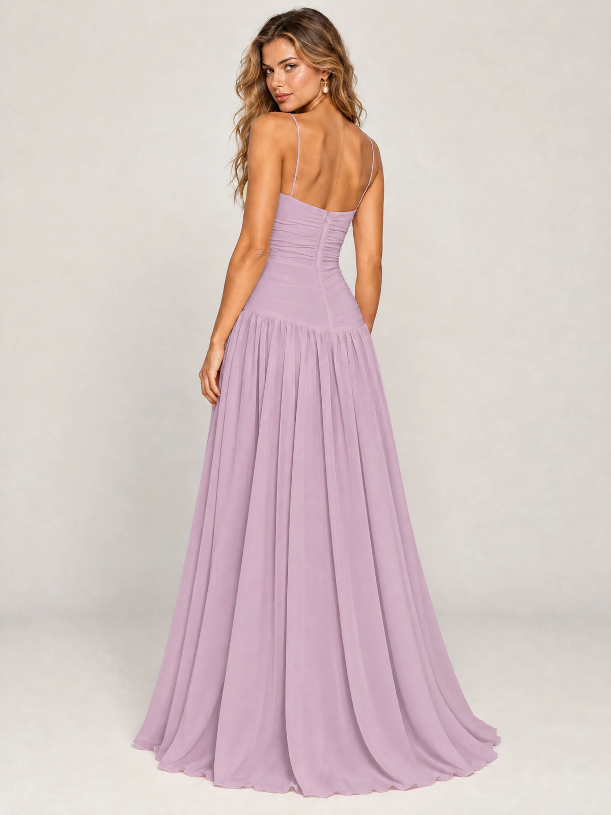 Butter Yellow Ruched Spaghetti Strap Drop-Waist Prom Dress