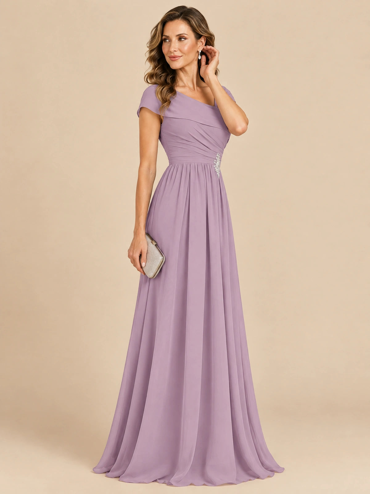 Cap Sleeve Mother of The Bride Dresses Long Chiffon Formal Gowns