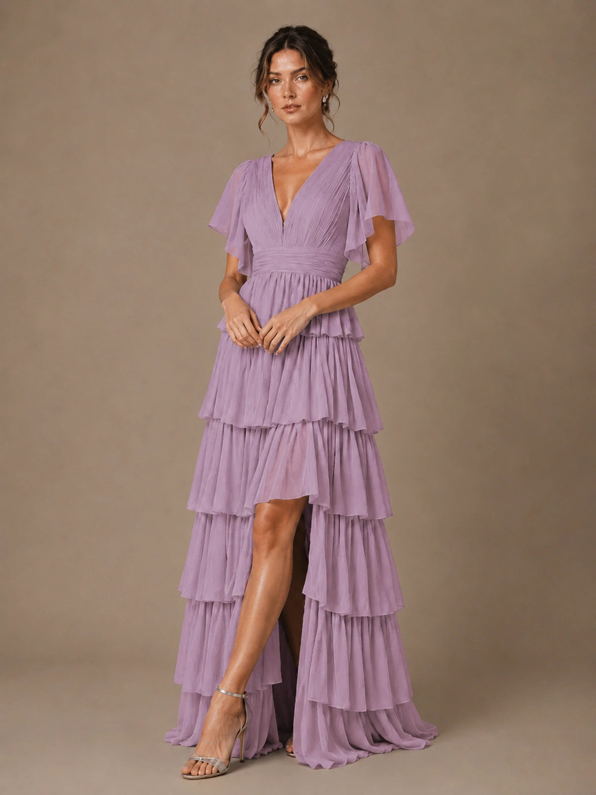 Chiffon V-Neck Tiered Ruffle Bridesmaid Dress with Slit