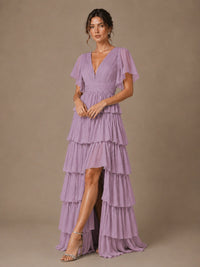 Chiffon V-Neck Tiered Ruffle Bridesmaid Dress with Slit