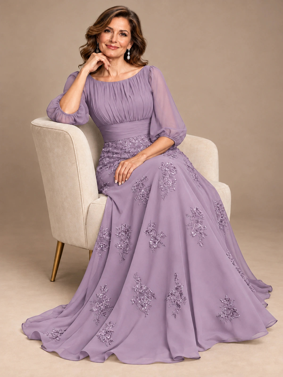 A-Line Mother of the Bride Dress with Sheer Puff Sleeves