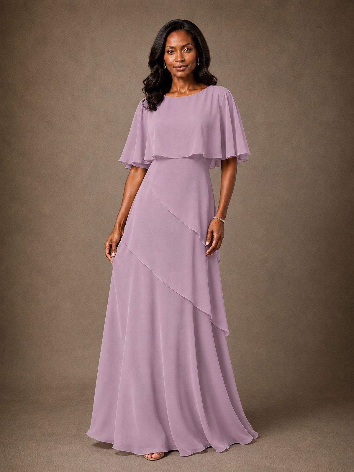 Taupe Chiffon A-Line Mother of the Bride Dress with Cape Sleeves