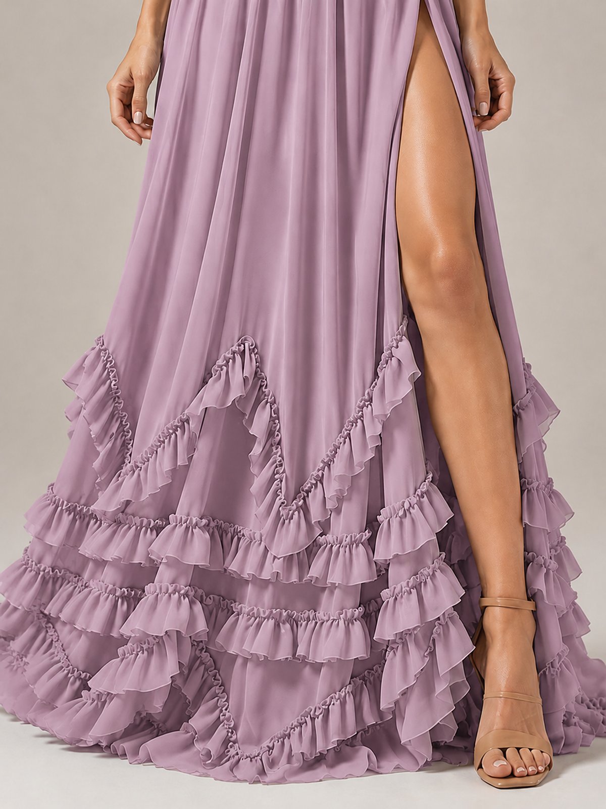 Halter V Neck Chiffon Formal Dress with Lace-Up Back and Ruffle Hem