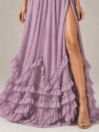 Halter V Neck Chiffon Formal Dress with Lace-Up Back and Ruffle Hem
