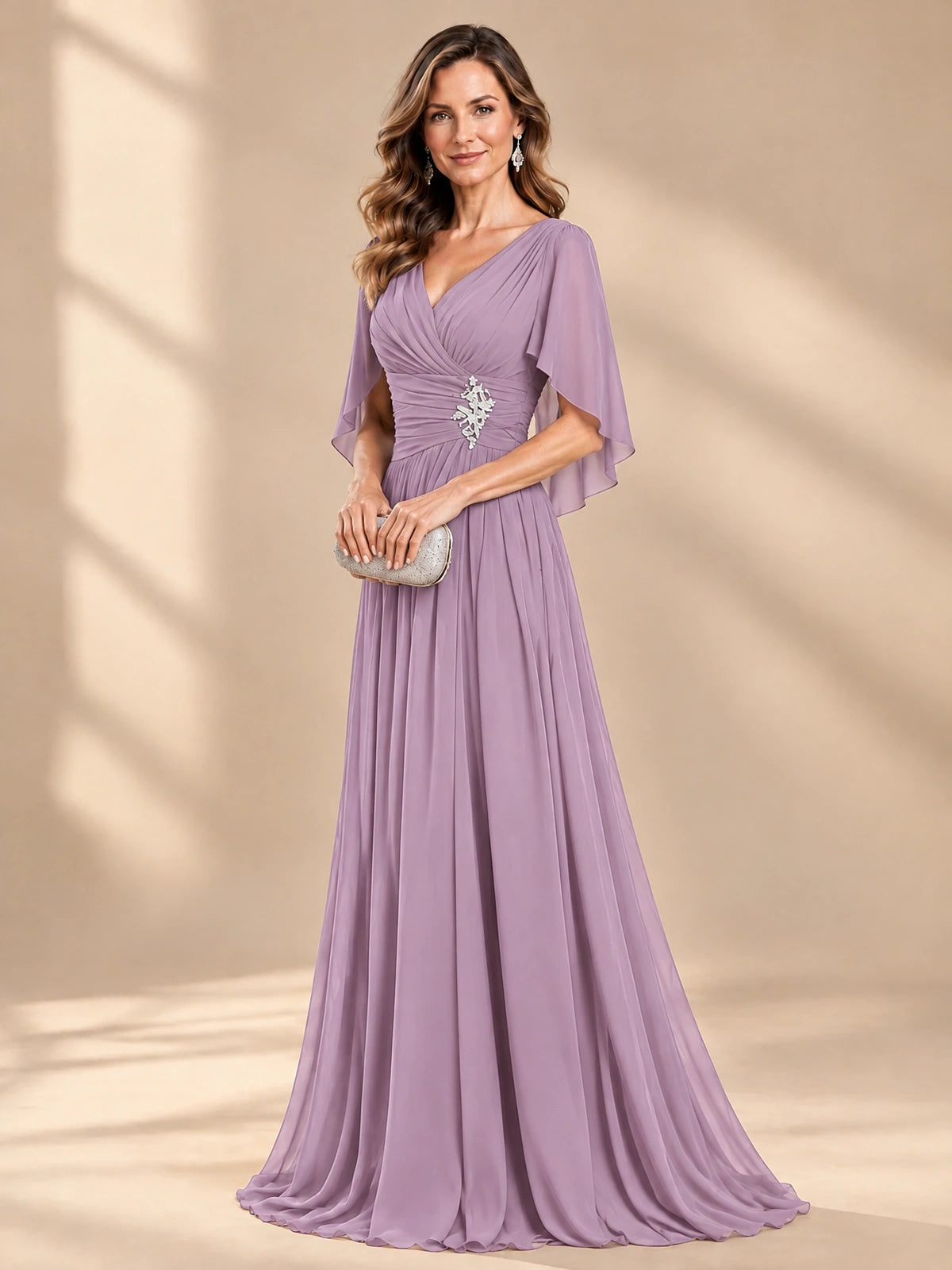 Ruched V Neck Mother of The Bride Dresses with Shawls Appliques and Cap Sleeves