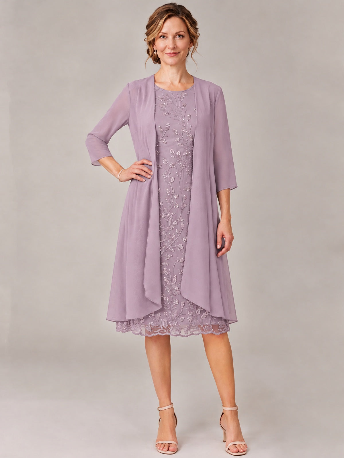 Tea Length Sequin Lace Mother of The Bride Dress with Chiffon Jacket