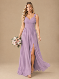 Pleated Chiffon V Neck Wedding Bridesmaid Dresses Floor Length with Slit