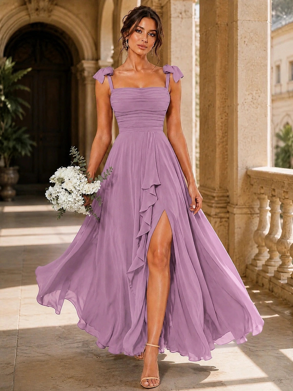 Ruffle Slit Chiffon A Line Scoop Neck Bridesmaid Dresses with Pockets