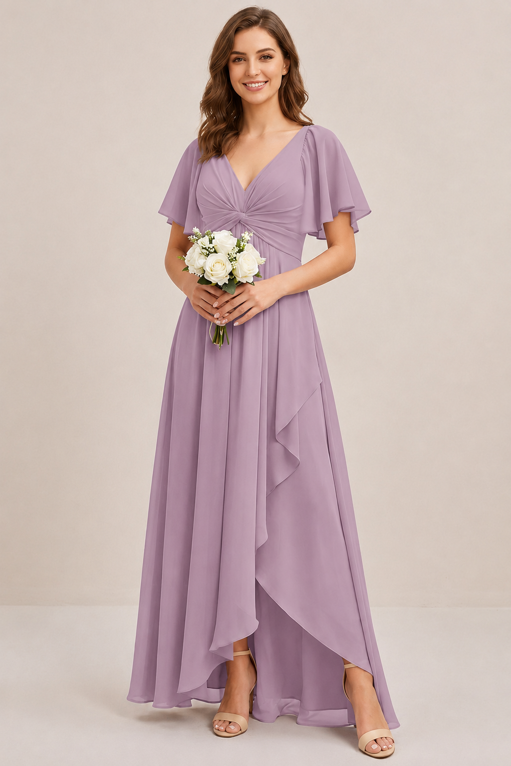 Dusty Blue Chiffon Bridesmaid Dress with Flutter Sleeves & High-Low Hem