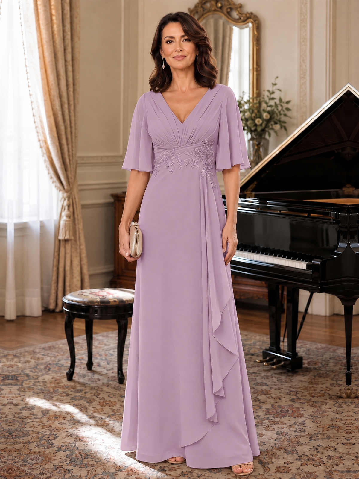 V-Neck Chiffon Lace Mother of the Bride Dresses