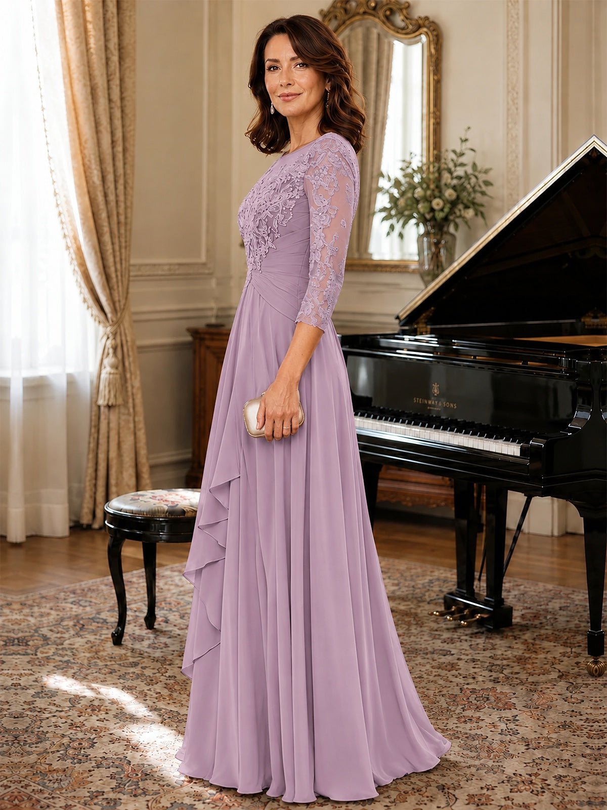 A-Line Chiffon Mother of the Bride Dress with Floral Applique 3/4 Sleeves
