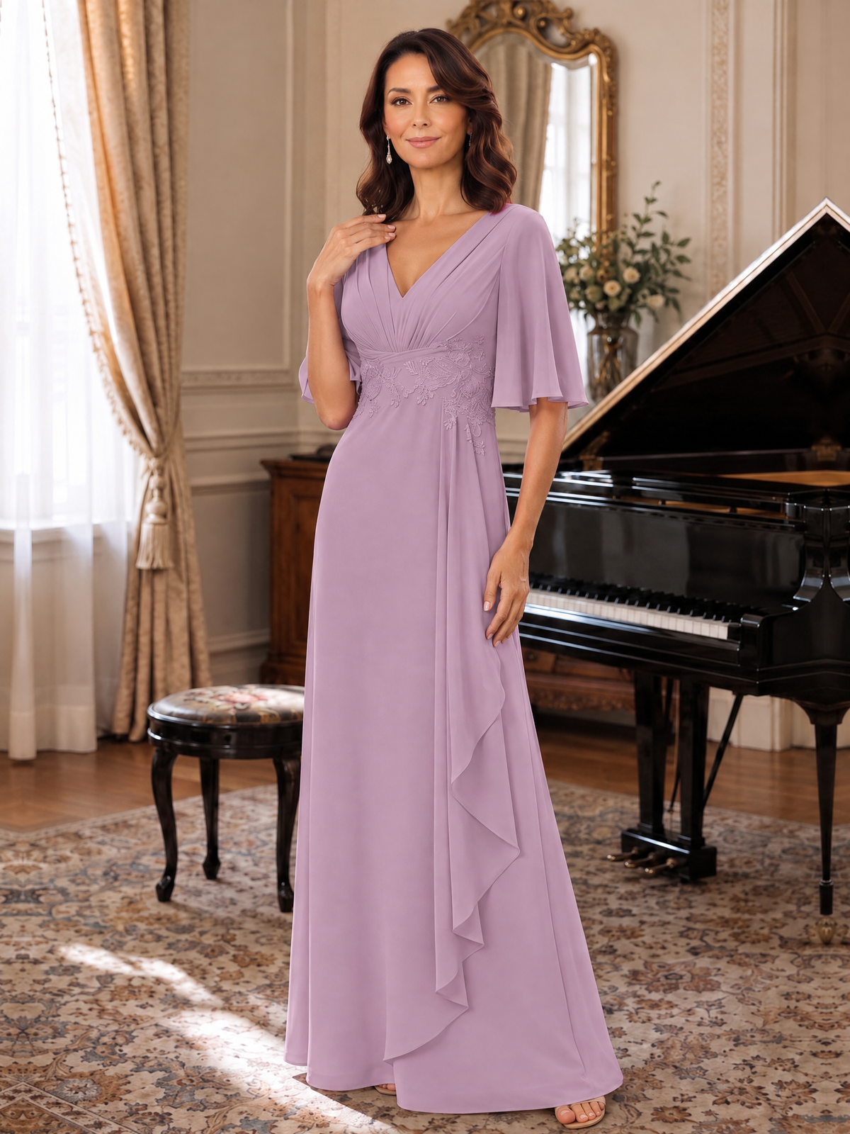 V-Neck Chiffon Lace Mother of the Bride Dresses