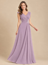 V Neck Pleated Mother of The Bride Dresses with Beading Cap Sleeves